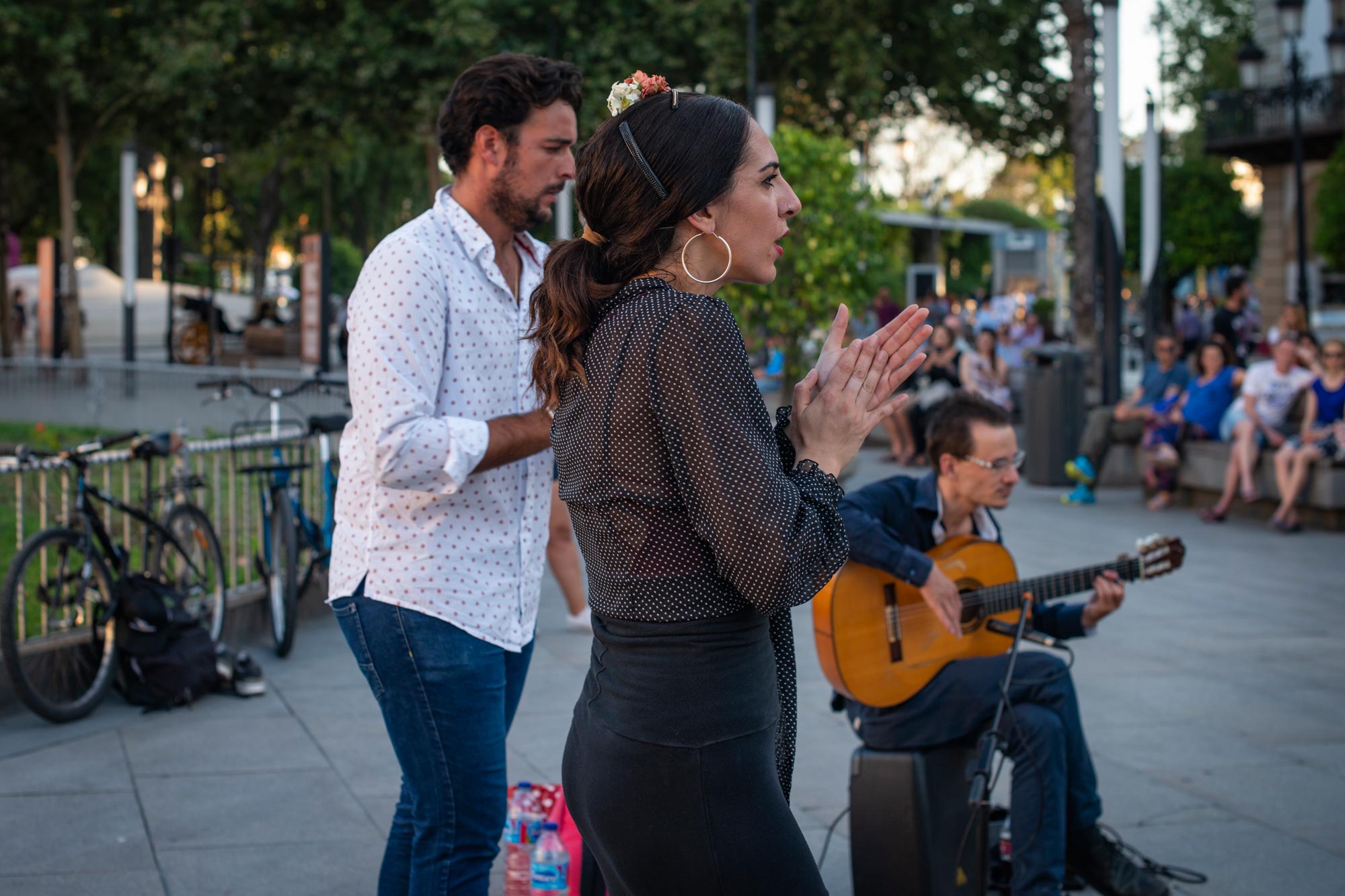 Detalle del espectáculo de grupo de flamenco en las calles de Sevilla. Detalle del espectáculo de grupo de flamenco en las calles de Sevilla.