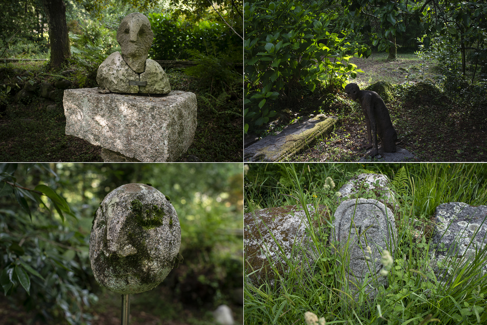 Las esculturas pueblan el jardín, junto a antiguas laudas gremiales. Las esculturas pueblan el jardín, junto a antiguas laudas gremiales.