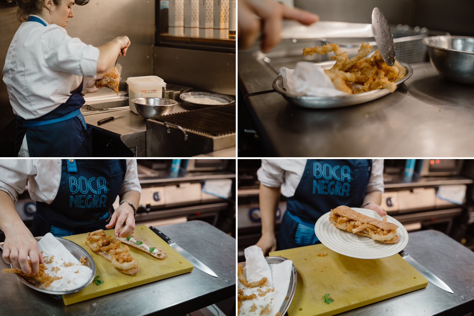 Lidia prepara el famoso bocata de calamares, hecho en pan de cristal. Lidia prepara el famoso bocata de calamares, hecho en pan de cristal.