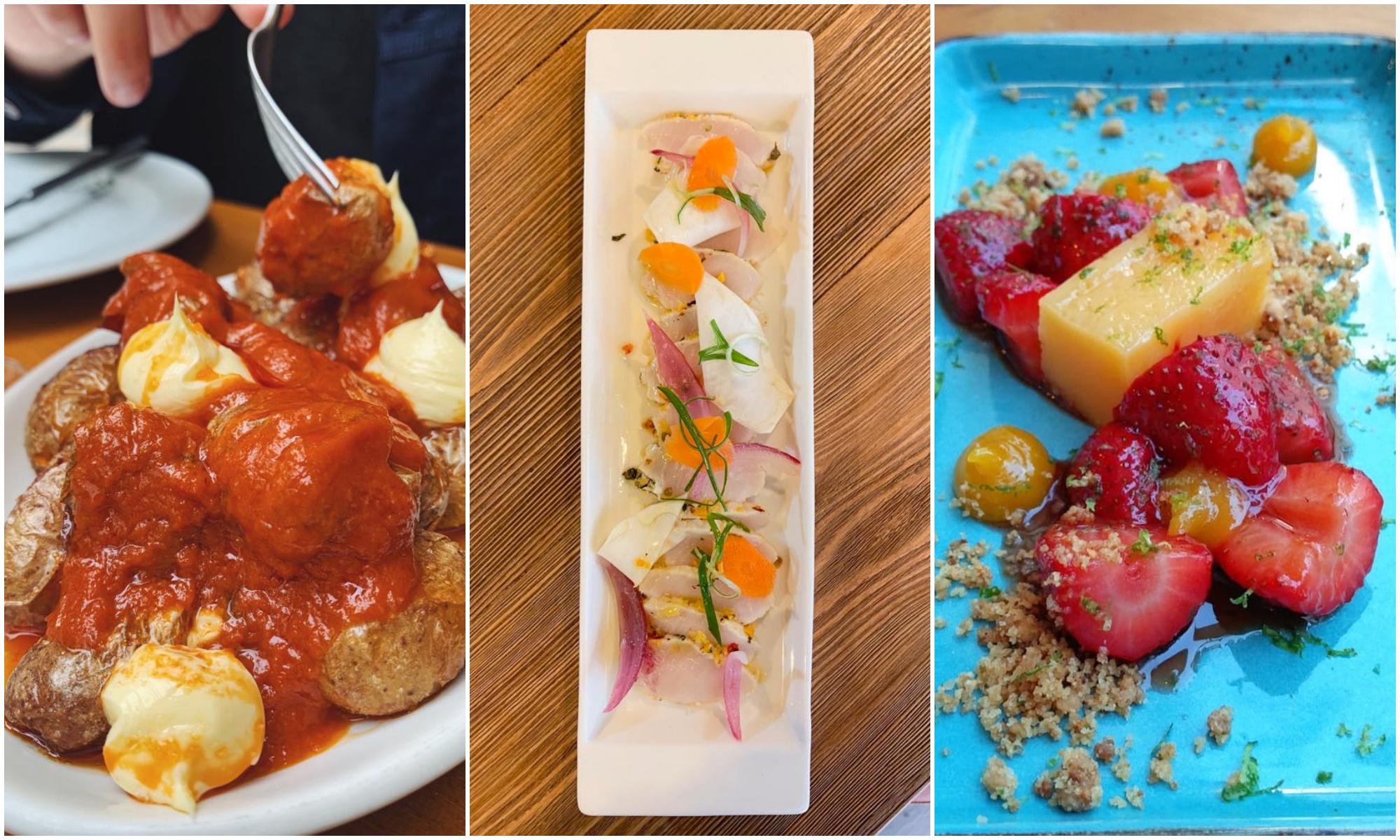 Patatas bravas, 'tataki' de pez espada y fresas con tocinillo de cielo. Patatas bravas, 'tataki' de pez espada y fresas con tocinillo de cielo.