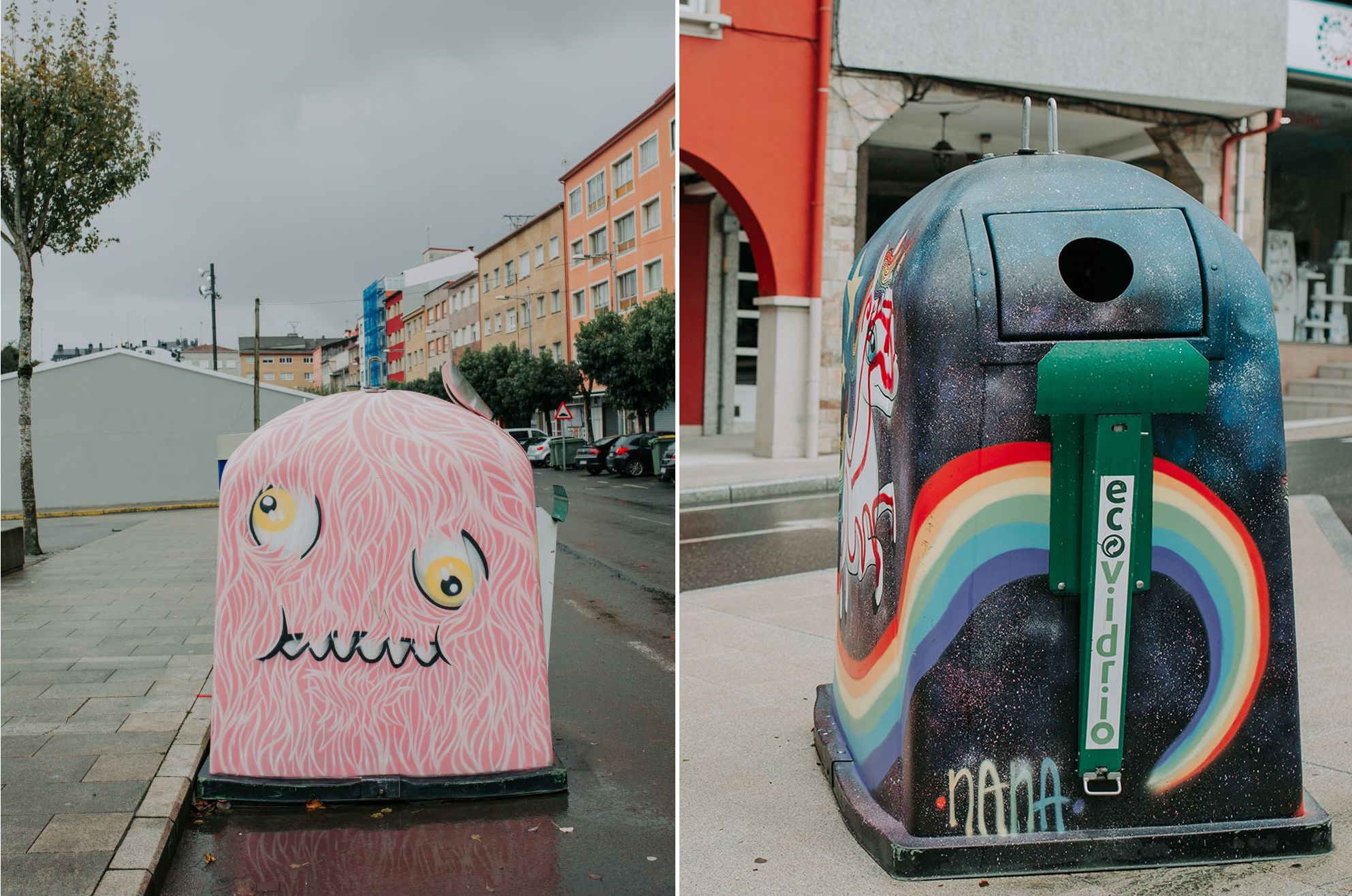 Street art en Ordes: contenedores de vidrio decorados por artistas urbanos. Street art en Ordes: contenedores de vidrio decorados por artistas urbanos.