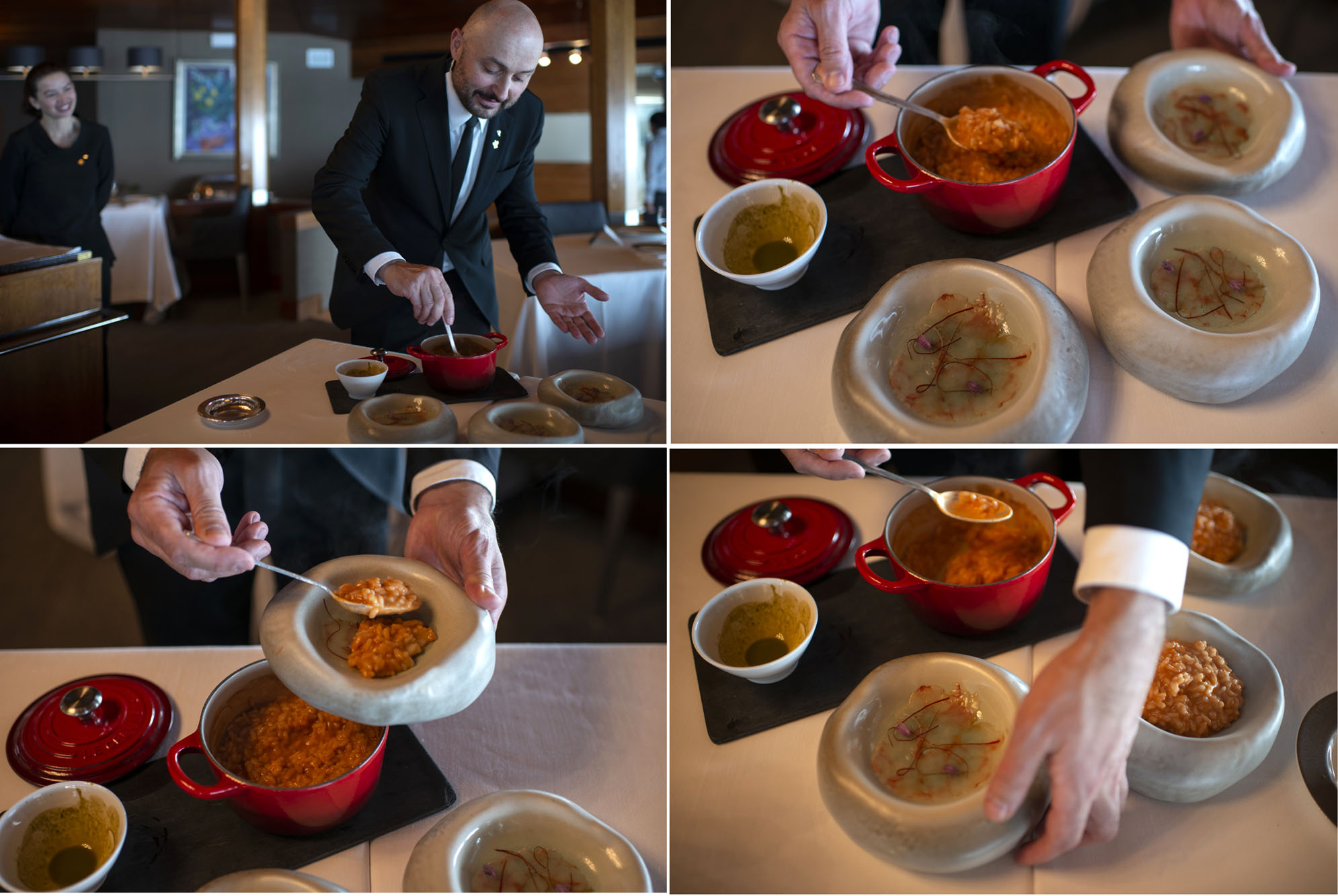 El arroz con coral de gamba roja y su 'carpaccio' también se emplata ante el comensal. El arroz con coral de gamba roja y su 'carpaccio' también se emplata ante el comensal.