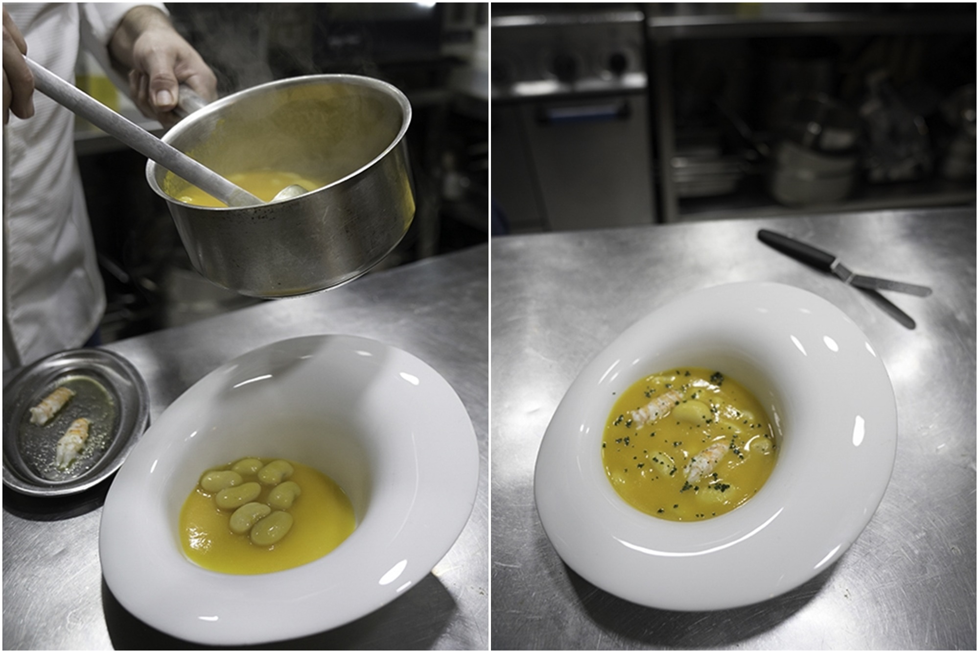 Pochas de judión de Montejo de la Sierra estofadas, con cigalas asadas. Pochas de judión de Montejo de la Sierra estofadas, con cigalas asadas.