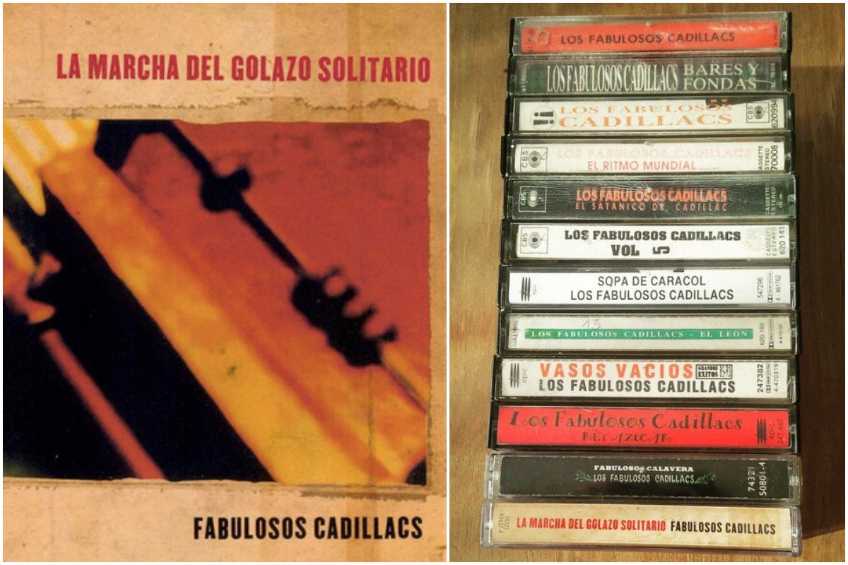 Portada de los Fabulosos Cadillacs y una torre de cintas de cassette del grupo. Portada de los Fabulosos Cadillacs y una torre de cintas de cassette del grupo.