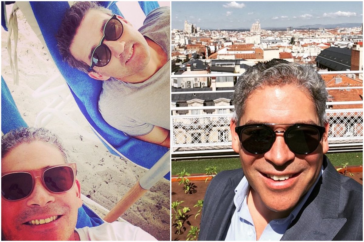 Boris Izaguirre con su marido en unas tumbonas de la playa y en la terraza del hotel Wellington de Madrid. Fotos: Instagram. Boris Izaguirre con su marido en unas tumbonas de la playa y en la terraza del hotel Wellington de Madrid. Fotos: Instagram.
