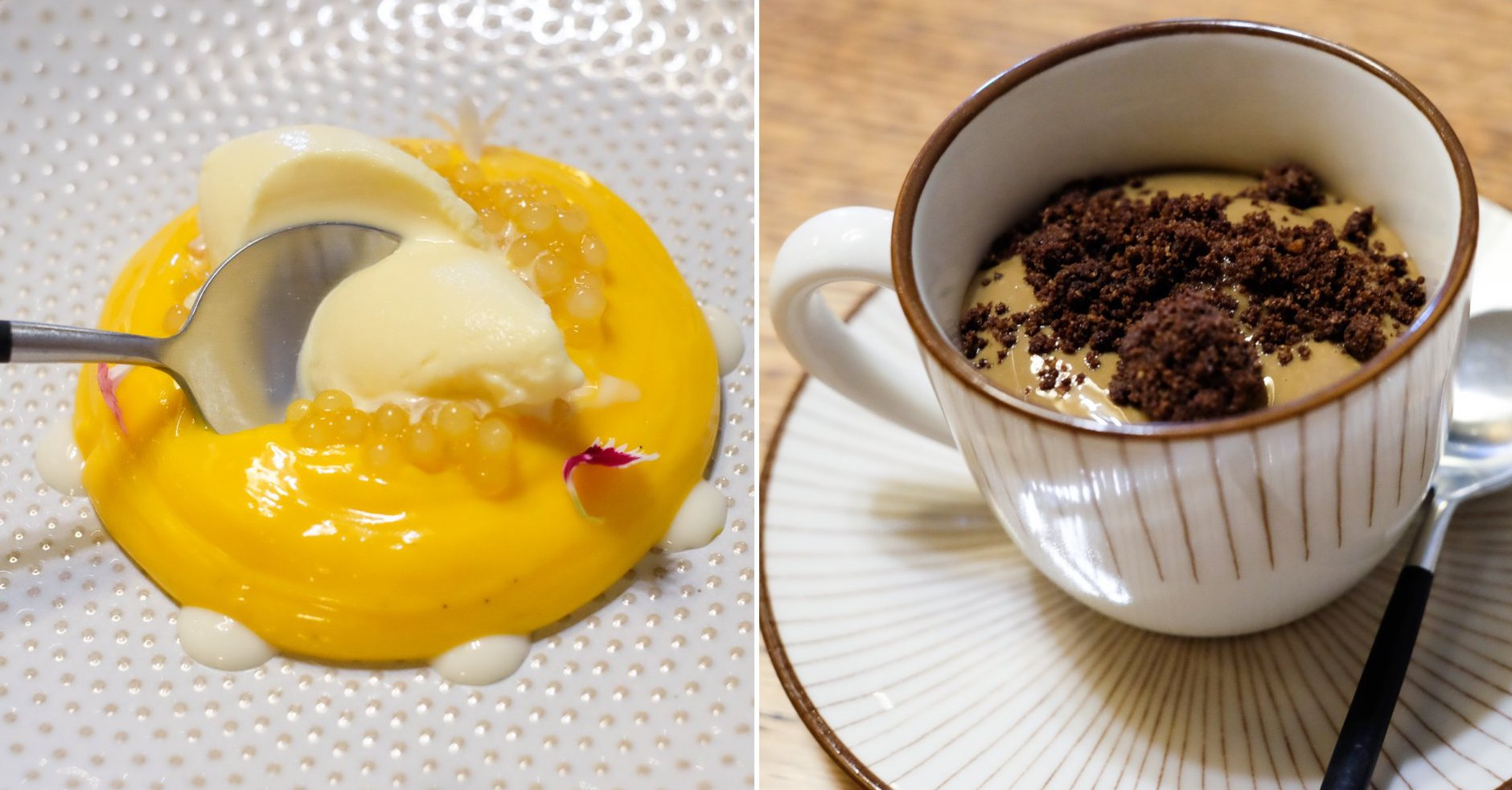 Restaurante 'Maruja Limón'. Postres: tocinillo de vainilla y cardamomo y crema de queso con café. Restaurante 'Maruja Limón'. Postres: tocinillo de vainilla y cardamomo y crema de queso con café.