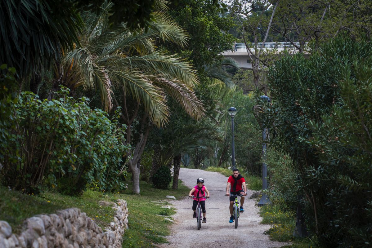 Un padre y una hija pasean en bici por la ladera del río Vinapoló, en Elche (Alicante). Un padre y una hija pasean en bici por la ladera del río Vinapoló, en Elche (Alicante).