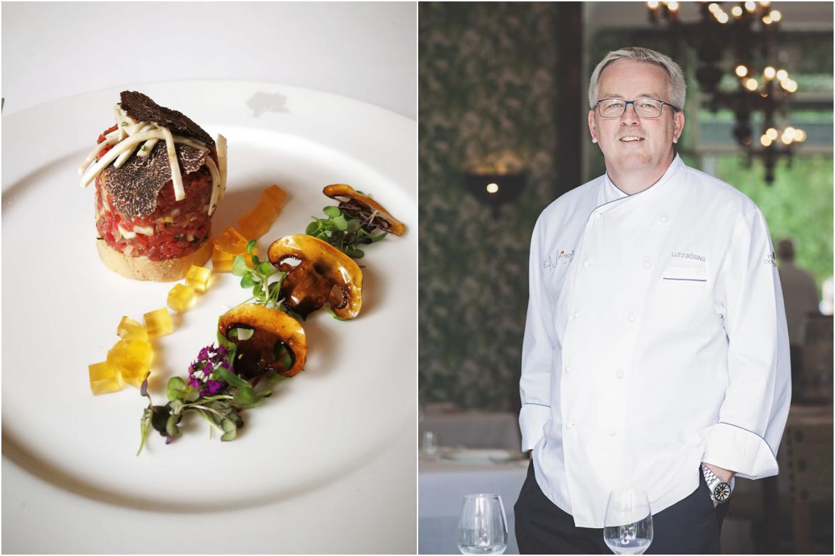 Un plato de Jardín de Lutz, en el hotel Finca Cortesín, y retrato de Lutz Bösing, chef del restaurante Un plato de Jardín de Lutz, en el hotel Finca Cortesín, y retrato de Lutz Bösing, chef del restaurante