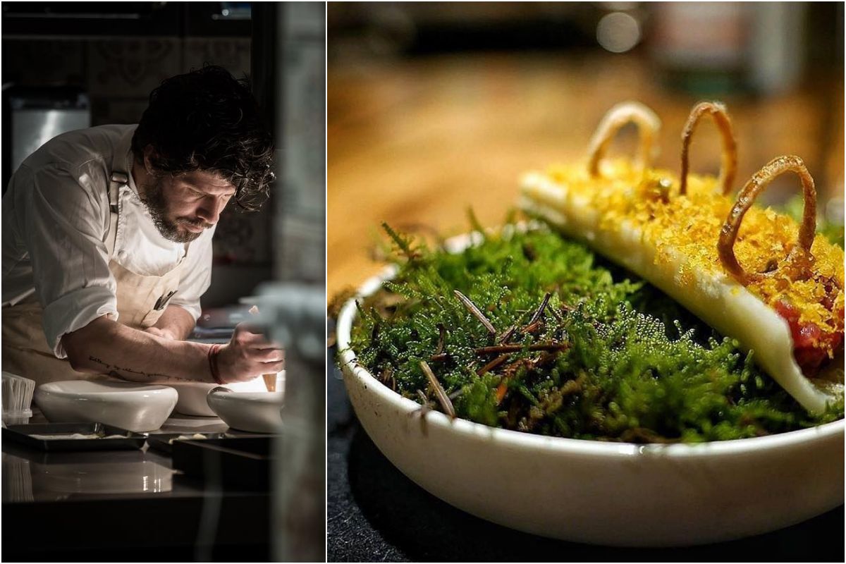 El cocinero Paulo Airaudo y su plato Tartar de ciervo y botarga sobre musgo El cocinero Paulo Airaudo y su plato Tartar de ciervo y botarga sobre musgo
