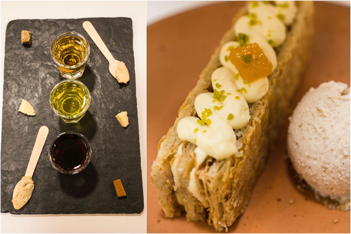 Los chupitos que acompañan a la tabla de quesos picante y el delicioso milhojas de queso. Los chupitos que acompañan a la tabla de quesos picante y el delicioso milhojas de queso.