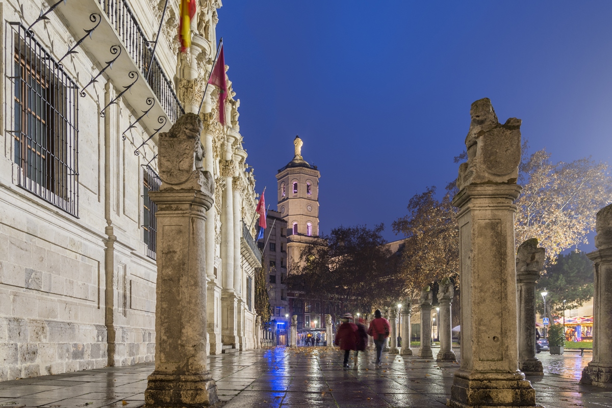 Las columnas rematadas con leones de la plaza de la universidad acentúan la verticalidad de la fachada. Foto: Shutterstock Las columnas rematadas con leones de la plaza de la universidad acentúan la verticalidad de la fachada. Foto: Shutterstock