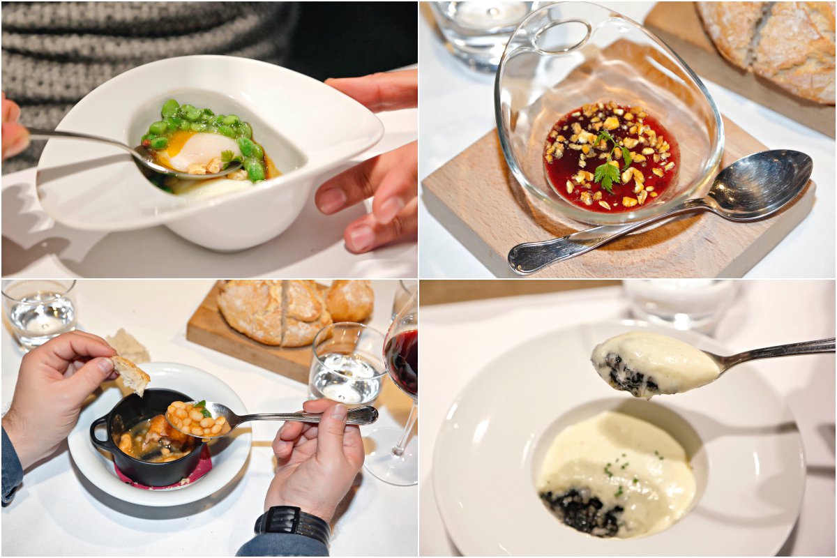Entrantes: huevos a baja temperatura, 'foie' casero, alubias arrocinas y 'txipirones' en su tinta. Entrantes: huevos a baja temperatura, 'foie' casero, alubias arrocinas y 'txipirones' en su tinta.