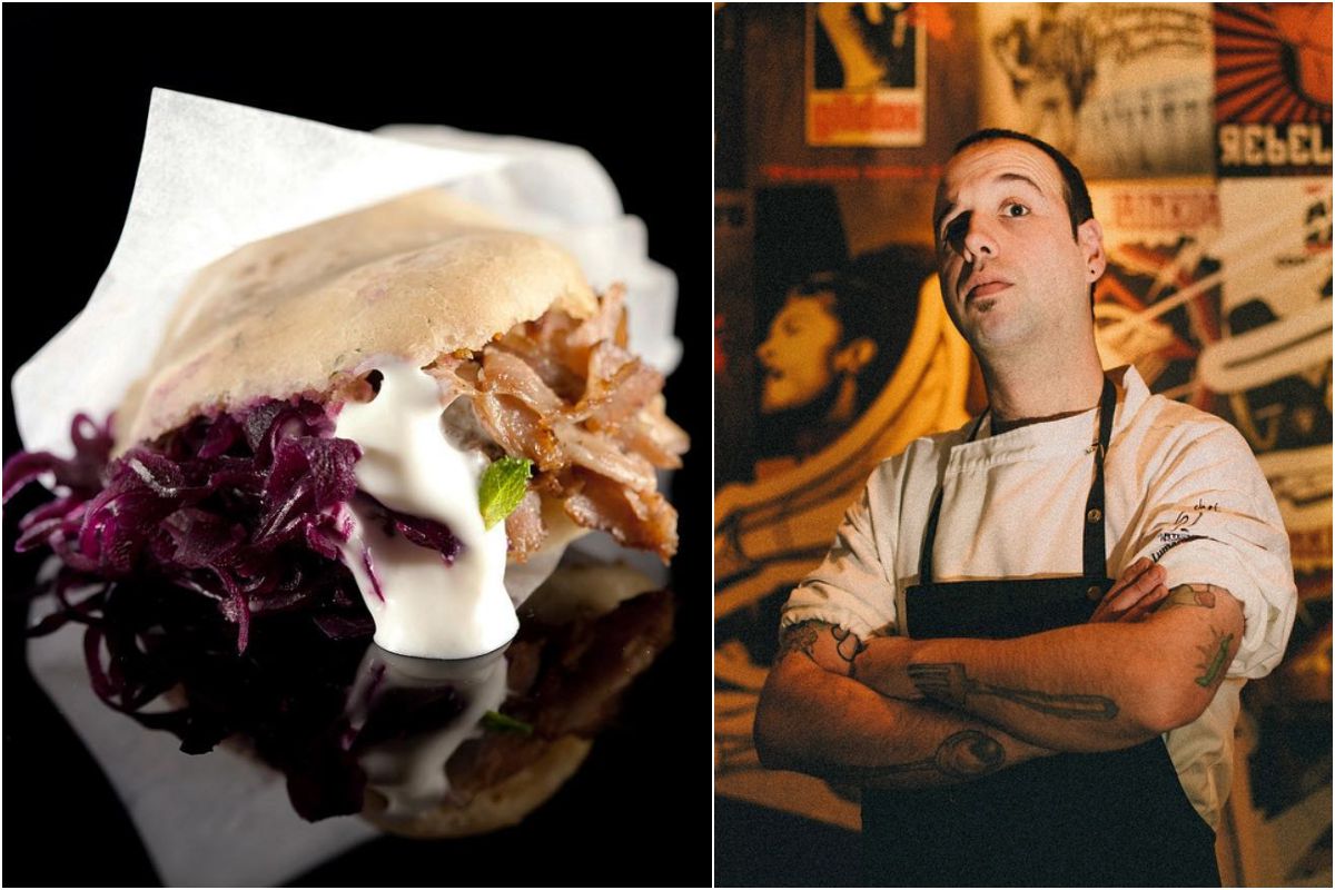 Un kebab del restaurante A Fuego Negro y retrato del cocinero Edorta Lamo Un kebab del restaurante A Fuego Negro y retrato del cocinero Edorta Lamo