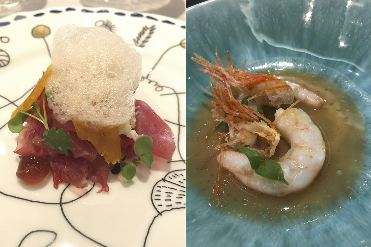 Del sur, los salazones (mojama de atún y huevas de Mujol) y las gambas blancas con fritura andaluza. Del sur, los salazones (mojama de atún y huevas de Mujol) y las gambas blancas con fritura andaluza.