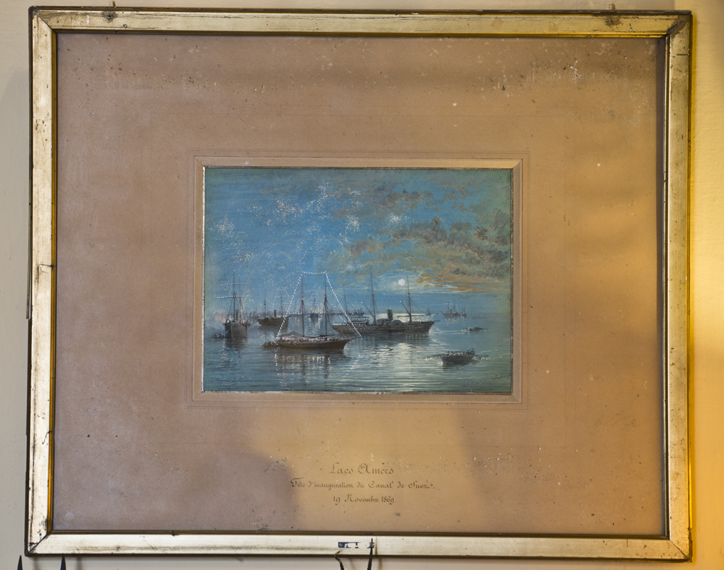Lámina del Palacio de las Dueñas. Los barcos engalanados para inaugurar el Canal de Suez. Foto: Sofía Moro. Lámina del Palacio de las Dueñas. Los barcos engalanados para inaugurar el Canal de Suez. Foto: Sofía Moro.
