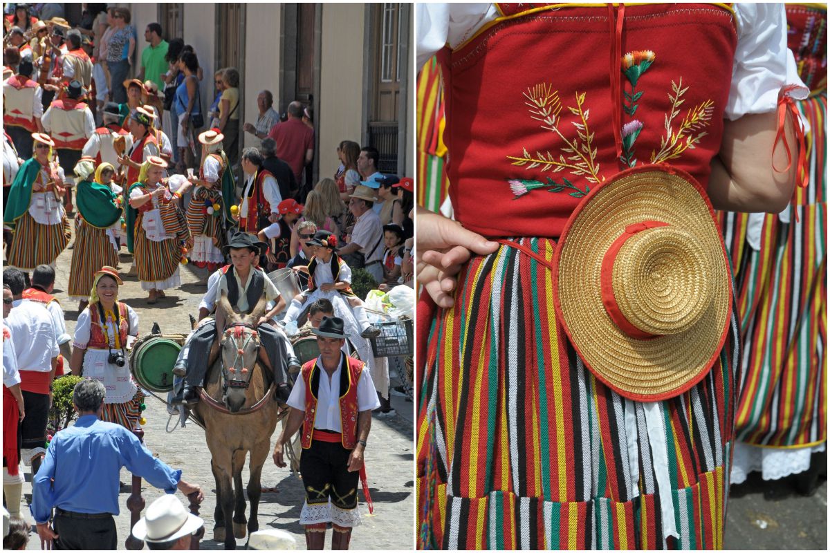 Composición de una vista de la calle con los niños de la romería de La Orotava montados en un burro, y detalle de traje de campesina, en Tenerife. Composición de una vista de la calle con los niños de la romería de La Orotava montados en un burro, y detalle de traje de campesina, en Tenerife.