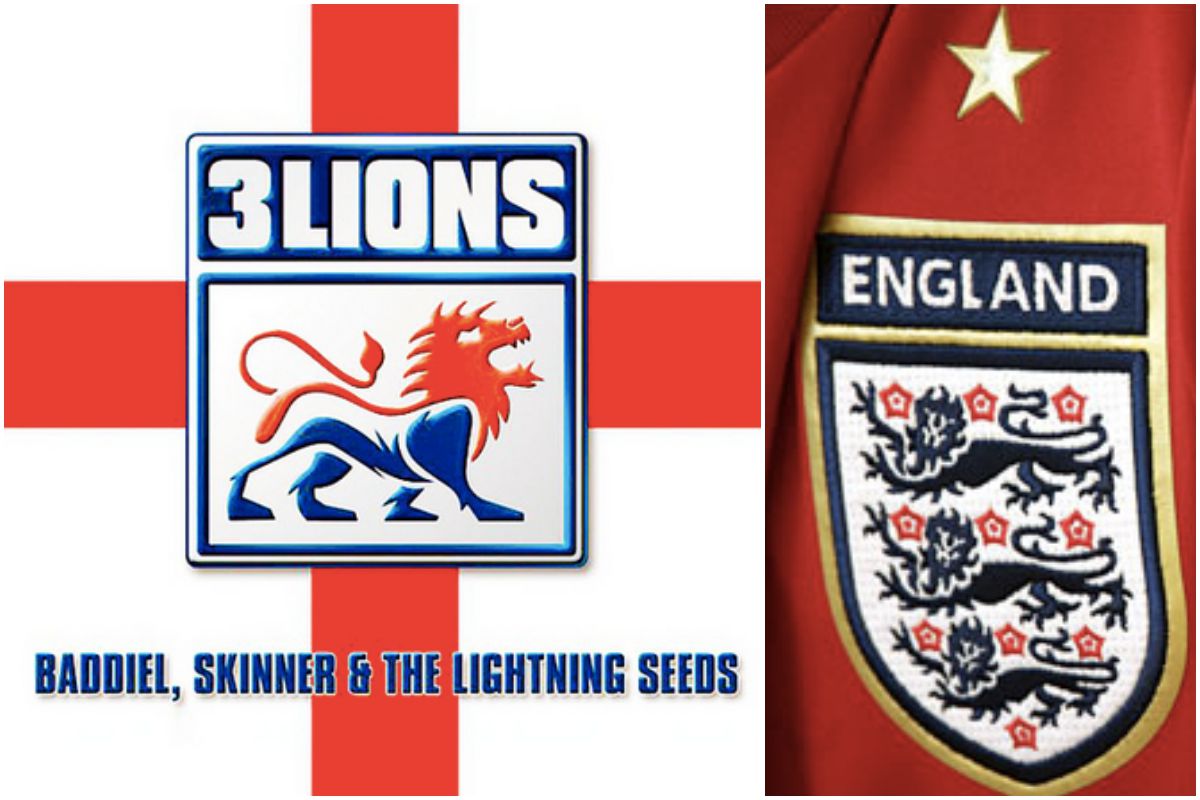 Portada del tema 3 Lions de The Lightning Seeds & Baddiel & Skinner, y un detalle de la camiseta de la selección inglesa con los tres leones. Fotos: Facebook. Portada del tema 3 Lions de The Lightning Seeds & Baddiel & Skinner, y un detalle de la camiseta de la selección inglesa con los tres leones. Fotos: Facebook.