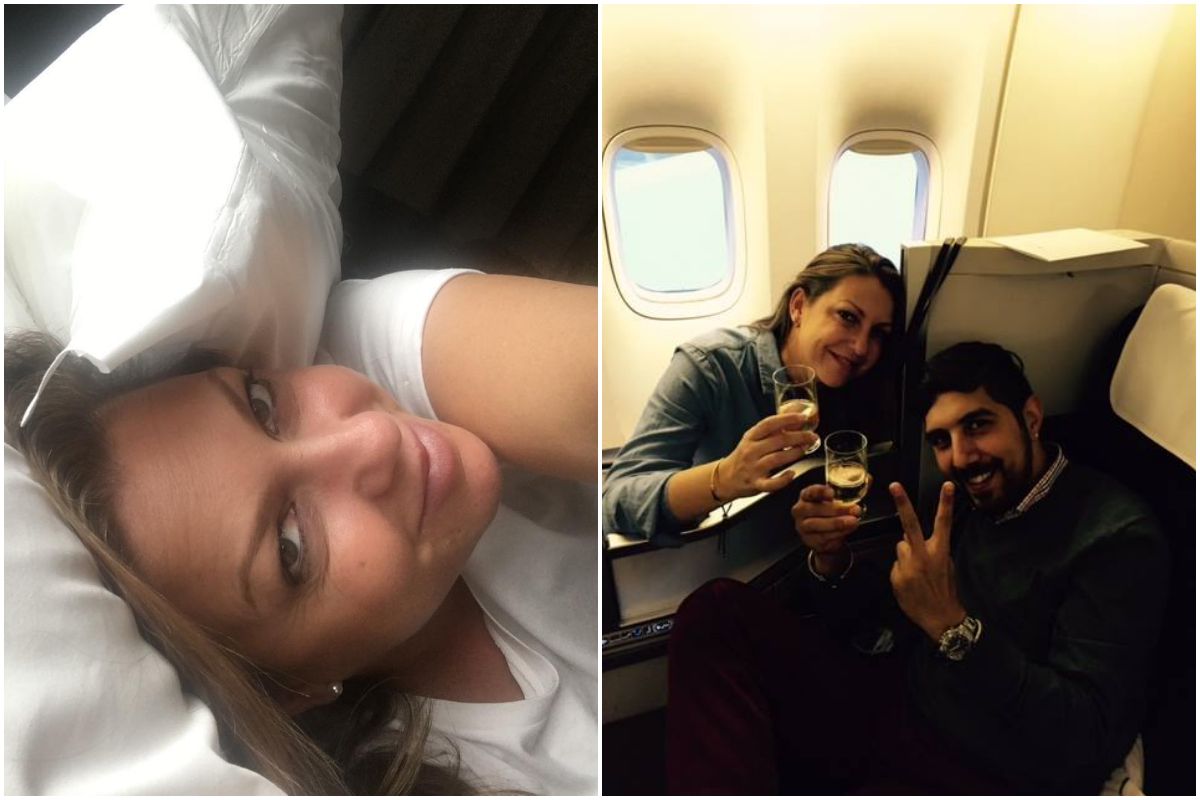 La cantante Niña Pastori tumbada en la cama de un hotel y en un avión brindando con su marido. Fotos: Facebook. La cantante Niña Pastori tumbada en la cama de un hotel y en un avión brindando con su marido. Fotos: Facebook.