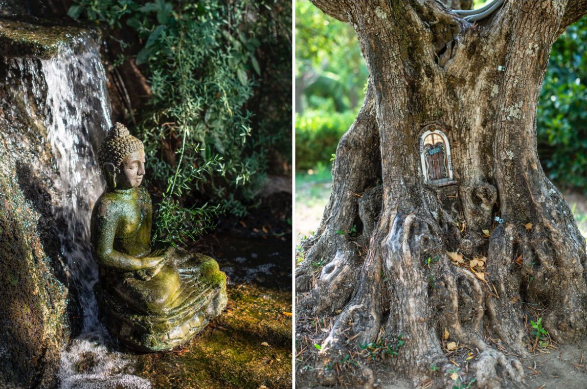 Los budas, las cascadas y las casitas de hadas aparecen en todos los rincones del bosque. Los budas, las cascadas y las casitas de hadas aparecen en todos los rincones del bosque.