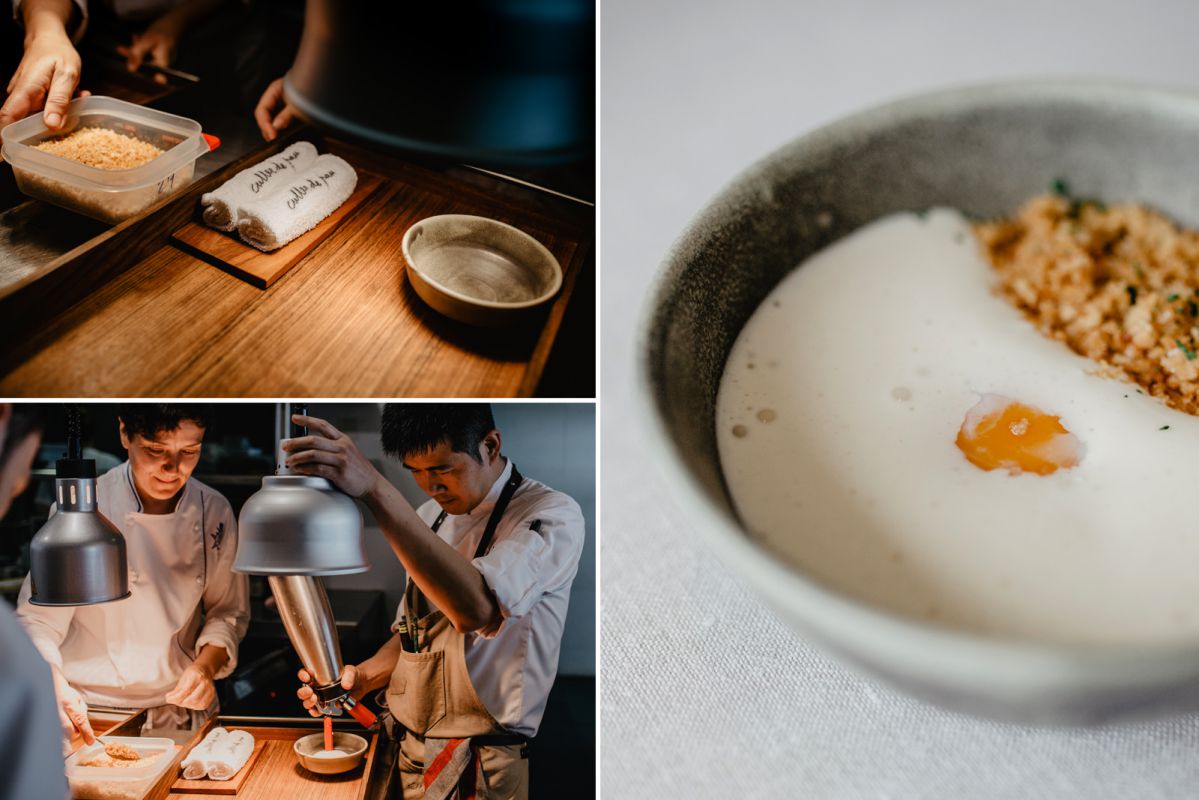 Composición de varios momentos del montaje del plato de huevo a baja temperatura, crema de queso San Simón y migas de pan, un clásico de 'Culler de Pau', en O Grove, Pontevedra. Composición de varios momentos del montaje del plato de huevo a baja temperatura, crema de queso San Simón y migas de pan, un clásico de 'Culler de Pau', en O Grove, Pontevedra.