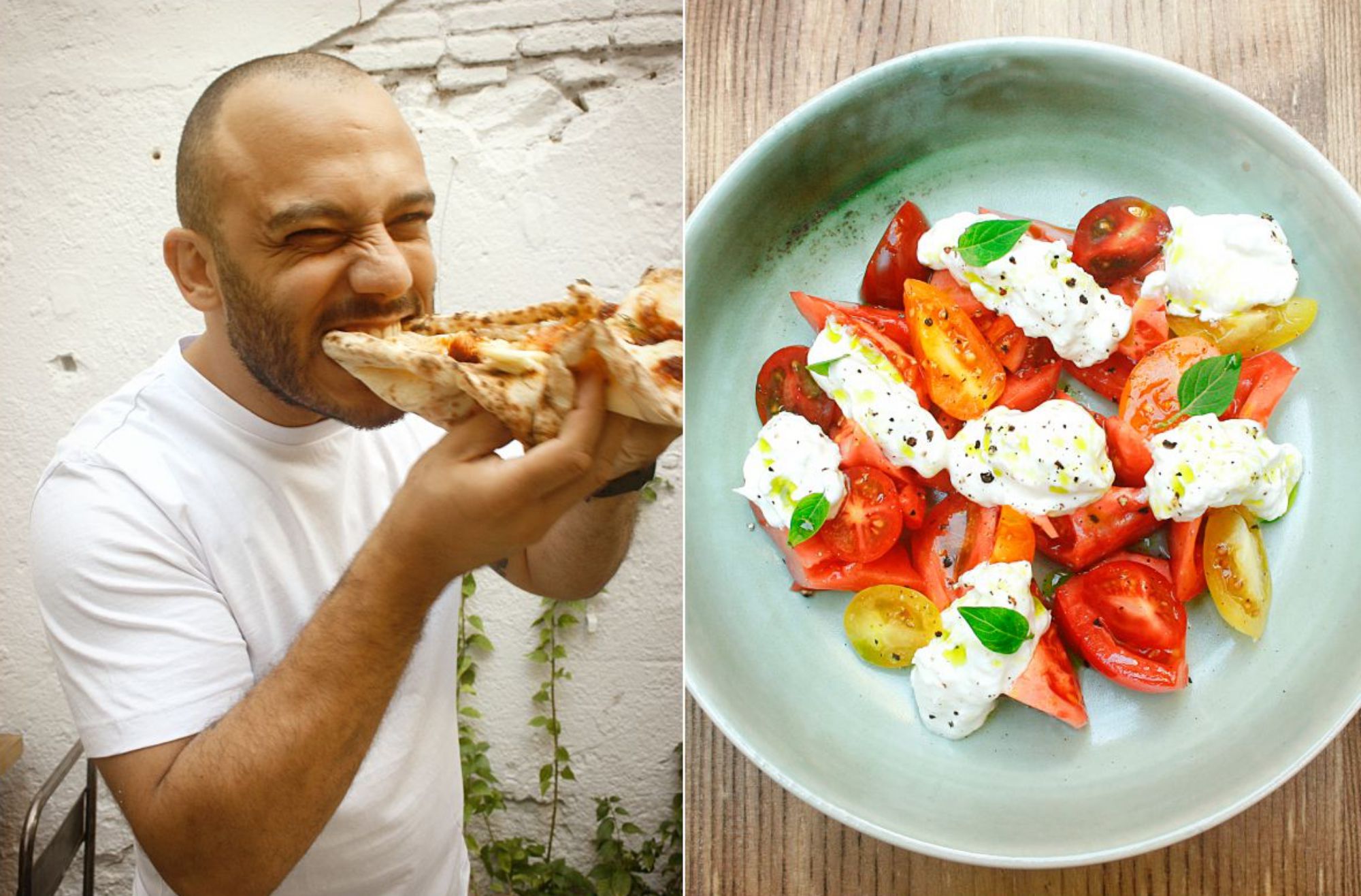 Rafa Panatieri comiendo una 'pizza' y una ensalada de tomates de temporada con 'stracciatella' y albahaca. Foto: Garden Pizza. Rafa Panatieri comiendo una 'pizza' y una ensalada de tomates de temporada con 'stracciatella' y albahaca. Foto: Garden Pizza.