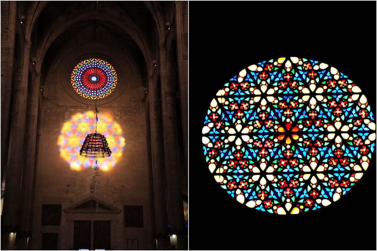 Los juegos de luces de las vidrieras culminan en el 'espectáculo del 8'. Foto: Catedral de Palma. Los juegos de luces de las vidrieras culminan en el 'espectáculo del 8'. Foto: Catedral de Palma.
