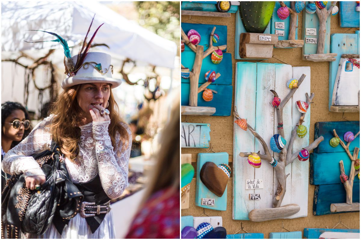 Una chica ataviada de forma pintoresca pasea por el mercadillo de Las Dalias, en Ibiza, y artesanías hechas con materiales reciclados de la playa. Una chica ataviada de forma pintoresca pasea por el mercadillo de Las Dalias, en Ibiza, y artesanías hechas con materiales reciclados de la playa.