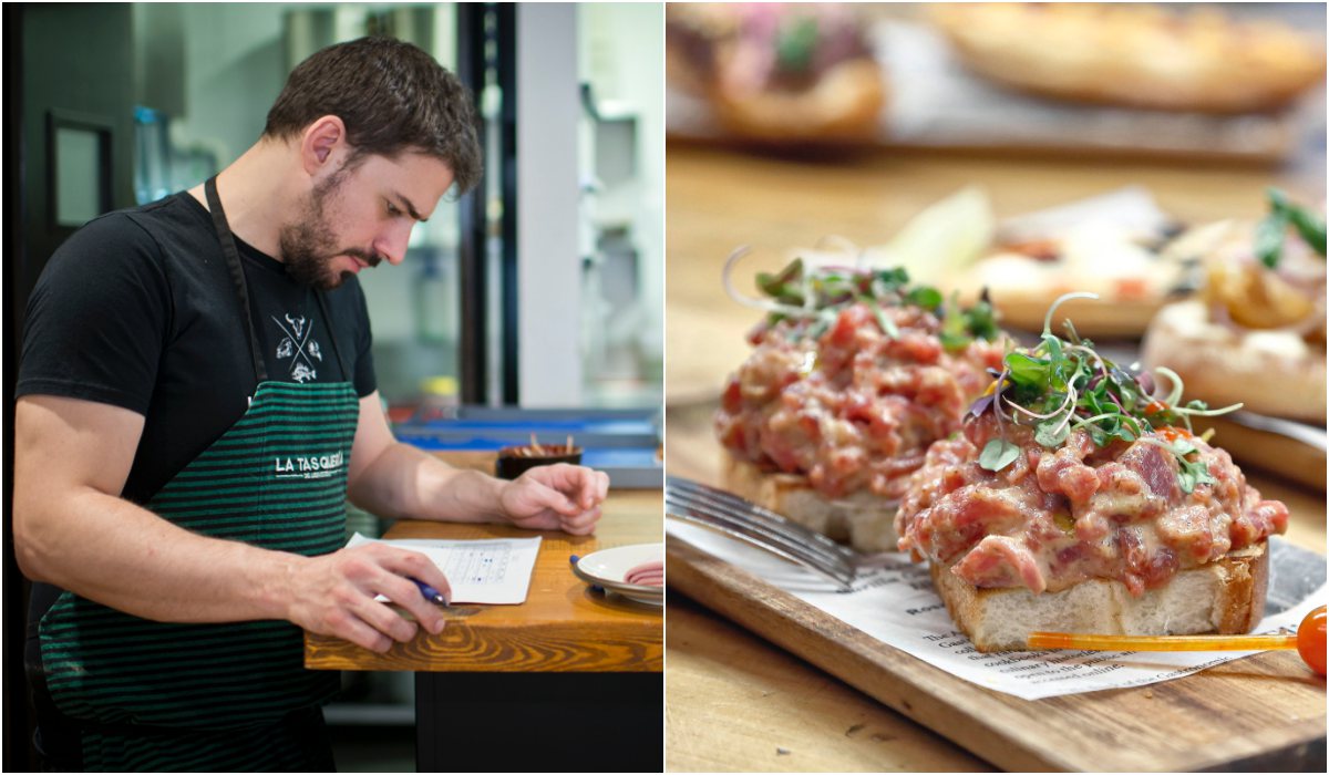 Javi Estévez y su Brioche con 'steak tartare', mayonesa de chipotle y ensalada de brotes. Foto: Roberto Ranero. Javi Estévez y su Brioche con 'steak tartare', mayonesa de chipotle y ensalada de brotes. Foto: Roberto Ranero.