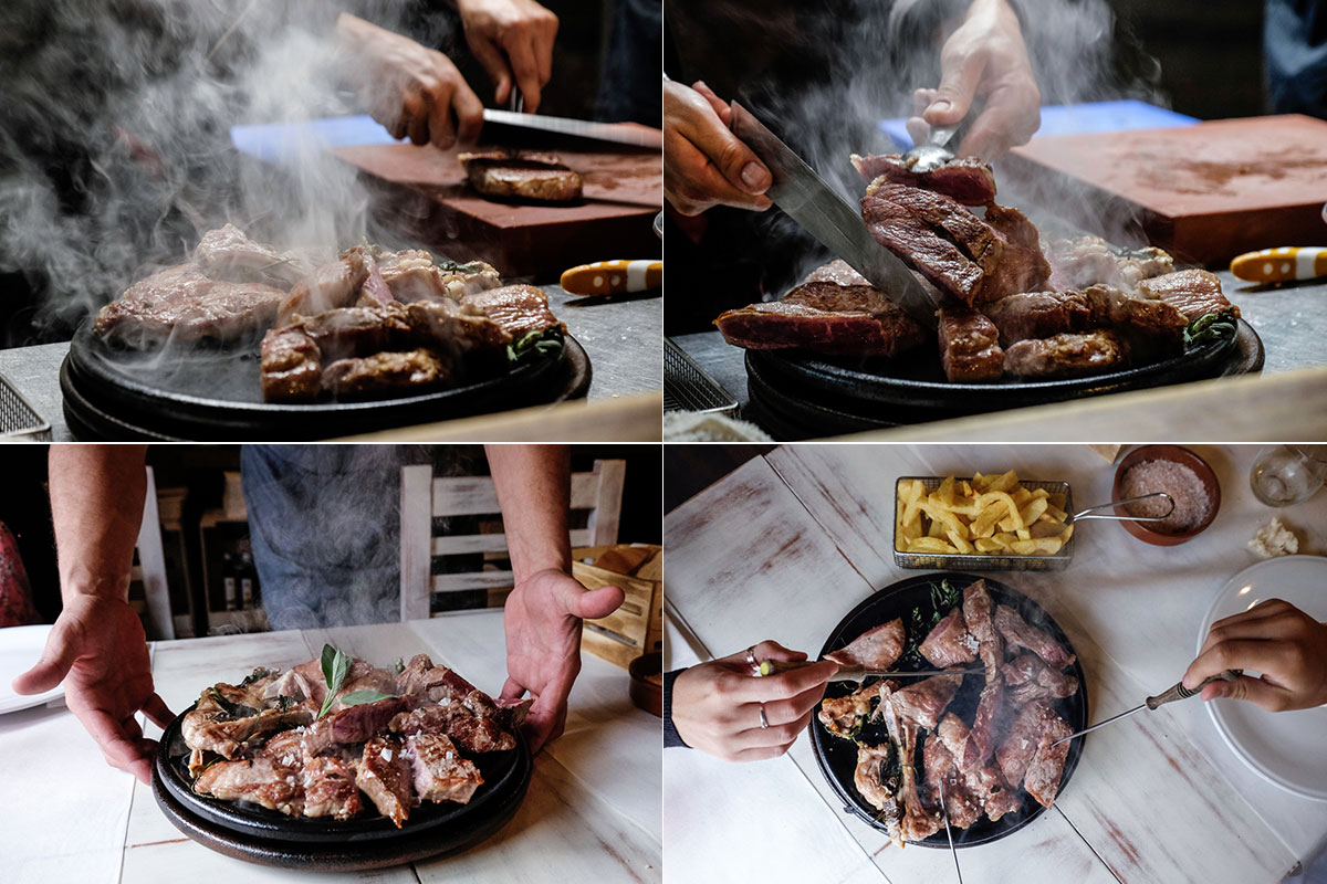 Una mezcla de diferentes carnes que el cliente termina de prepararse a la piedra en la mesa. Una mezcla de diferentes carnes que el cliente termina de prepararse a la piedra en la mesa.