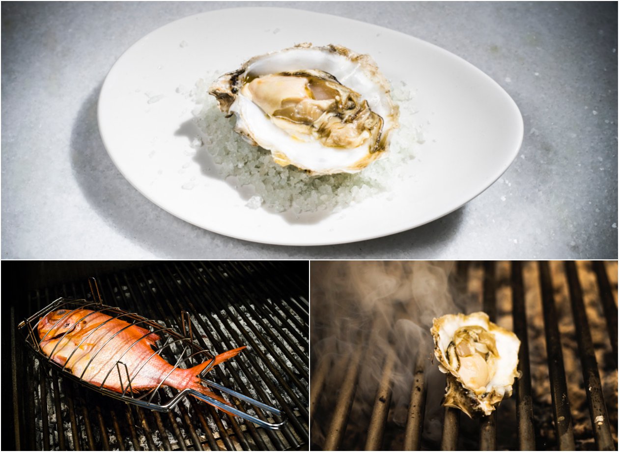Dos platos del restaurante 'El Señor Martín': ostra y pescado a la brasa. Dos platos del restaurante 'El Señor Martín': ostra y pescado a la brasa.
