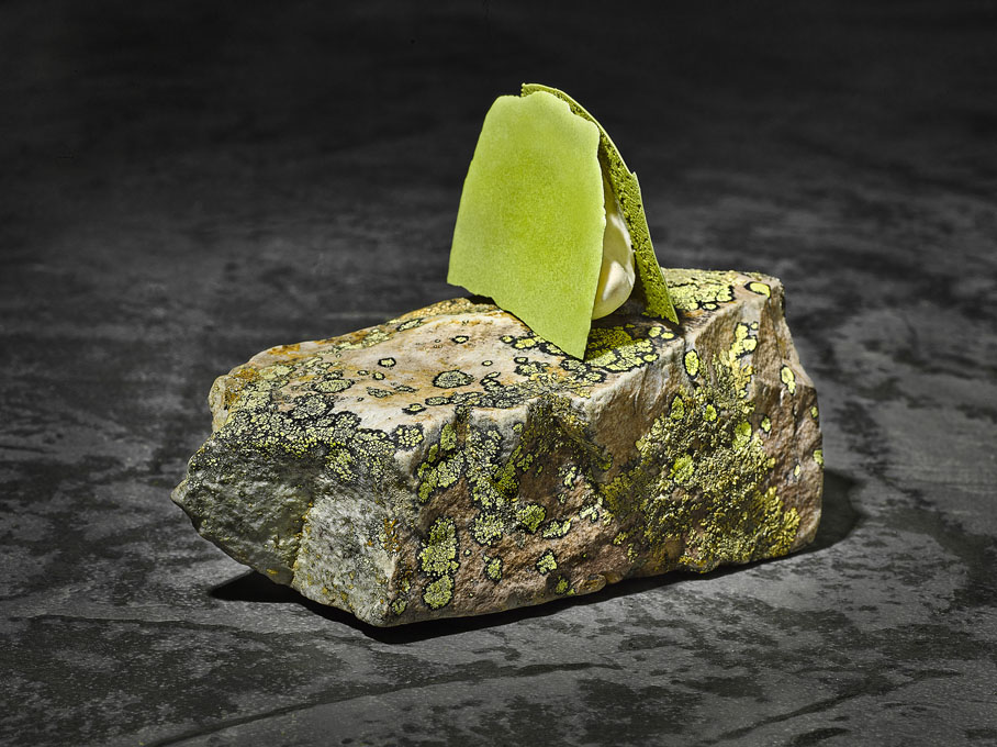 Rodrigo convierte los vegetales en auténticas obras de arte, como este helado de tomate verde. Foto: Mateo & Co. Rodrigo convierte los vegetales en auténticas obras de arte, como este helado de tomate verde. Foto: Mateo & Co.