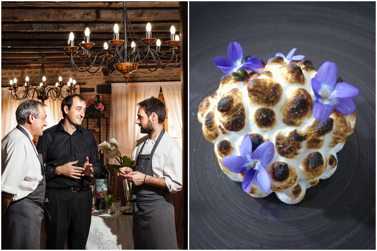 Los responsables del restaurante 'La Botica', de Matapozuelos, Madrid y Mus Mus de piñones y miel con merengue tostado y violetas. Fotos: La Botica. Los responsables del restaurante 'La Botica', de Matapozuelos, Madrid y Mus Mus de piñones y miel con merengue tostado y violetas. Fotos: La Botica.