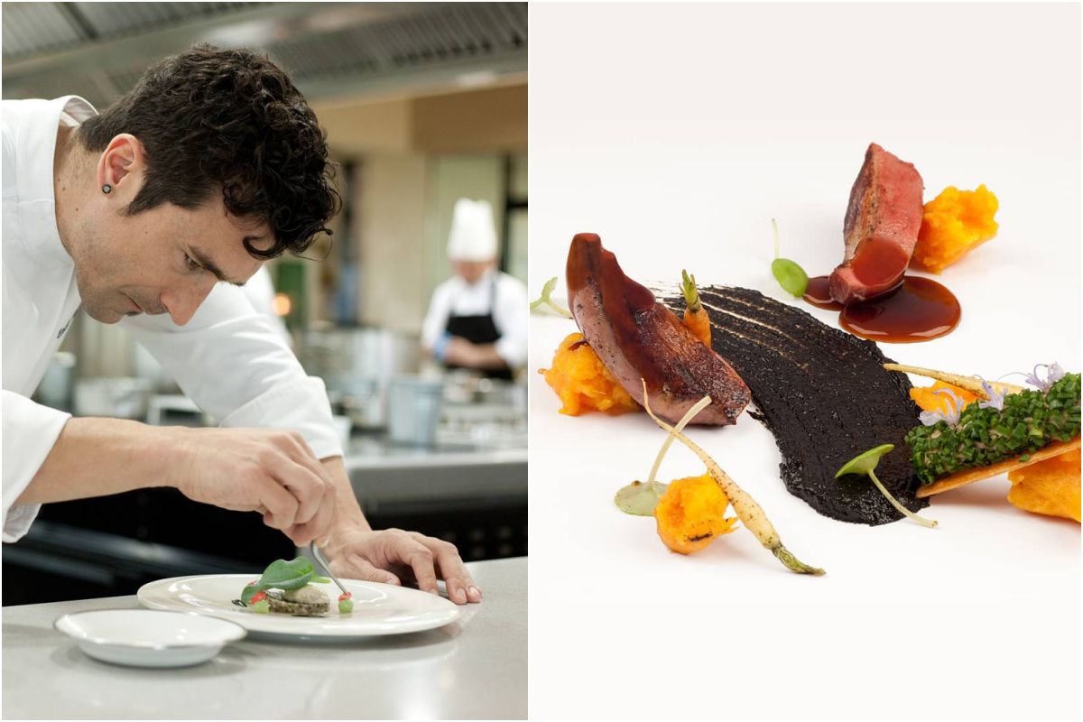 Eneko Atxa y plato de Pichón con tubérculos del restaurante Azurmendi, en Larrabetzu, Bizkaia. Eneko Atxa y plato de Pichón con tubérculos del restaurante Azurmendi, en Larrabetzu, Bizkaia.