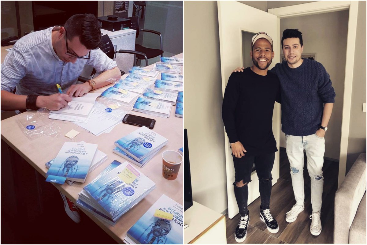 El escritor durante una firma de uno de sus libros. A la derecha, junto al futbolista Luís Gustavo Ledes. Foto: Instagram. El escritor durante una firma de uno de sus libros. A la derecha, junto al futbolista Luís Gustavo Ledes. Foto: Instagram.