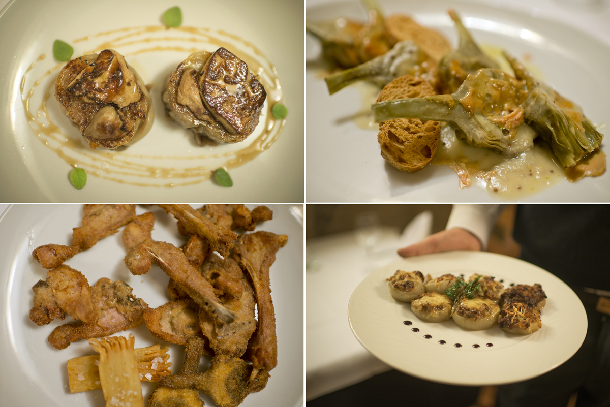 Manitas rellenas, alcachofas, cabrito rebozado y cebollas rellenas del restaurante 'La Matarraña', en La Fresneda. Manitas rellenas, alcachofas, cabrito rebozado y cebollas rellenas del restaurante 'La Matarraña', en La Fresneda.