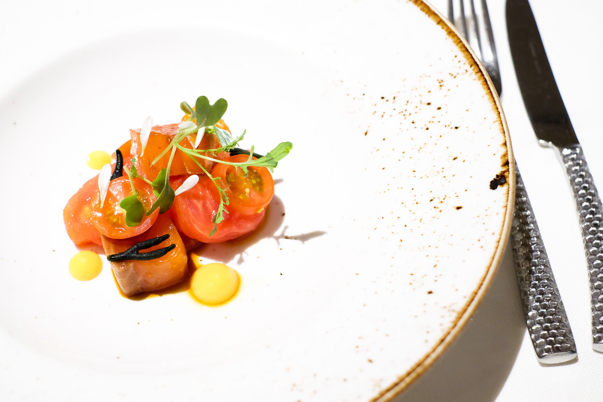 Ensalada de tomate y salmón marinado para abrir boca. Ensalada de tomate y salmón marinado para abrir boca.