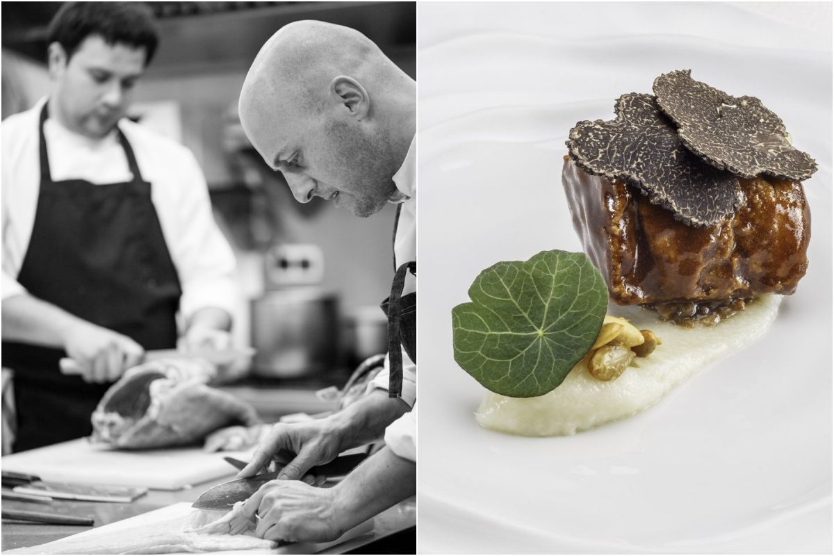 El cocinero Dani López y el plato Molleja de ternera, topinambur y trufa Tuber Melanosporum, del restaurante Kokotxa, en San Sebastián. El cocinero Dani López y el plato Molleja de ternera, topinambur y trufa Tuber Melanosporum, del restaurante Kokotxa, en San Sebastián.