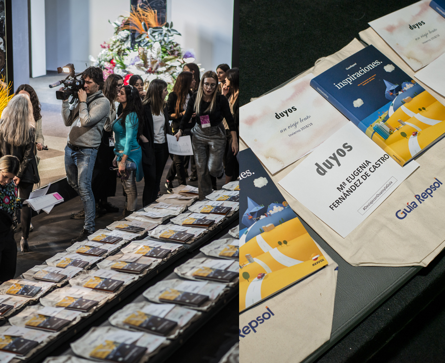 Todo listo para que el público ocupe sus asientos y comience el desfile. Detalle de bolsa y libro 'Inspiraciones'. Todo listo para que el público ocupe sus asientos y comience el desfile. Detalle de bolsa y libro 'Inspiraciones'.