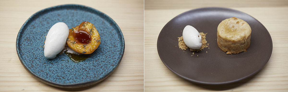 Vaya dos postres: Melocotón y vainilla y Coulant de almendra marcona tostada con helado de canela y limón. Vaya dos postres: Melocotón y vainilla y Coulant de almendra marcona tostada con helado de canela y limón.