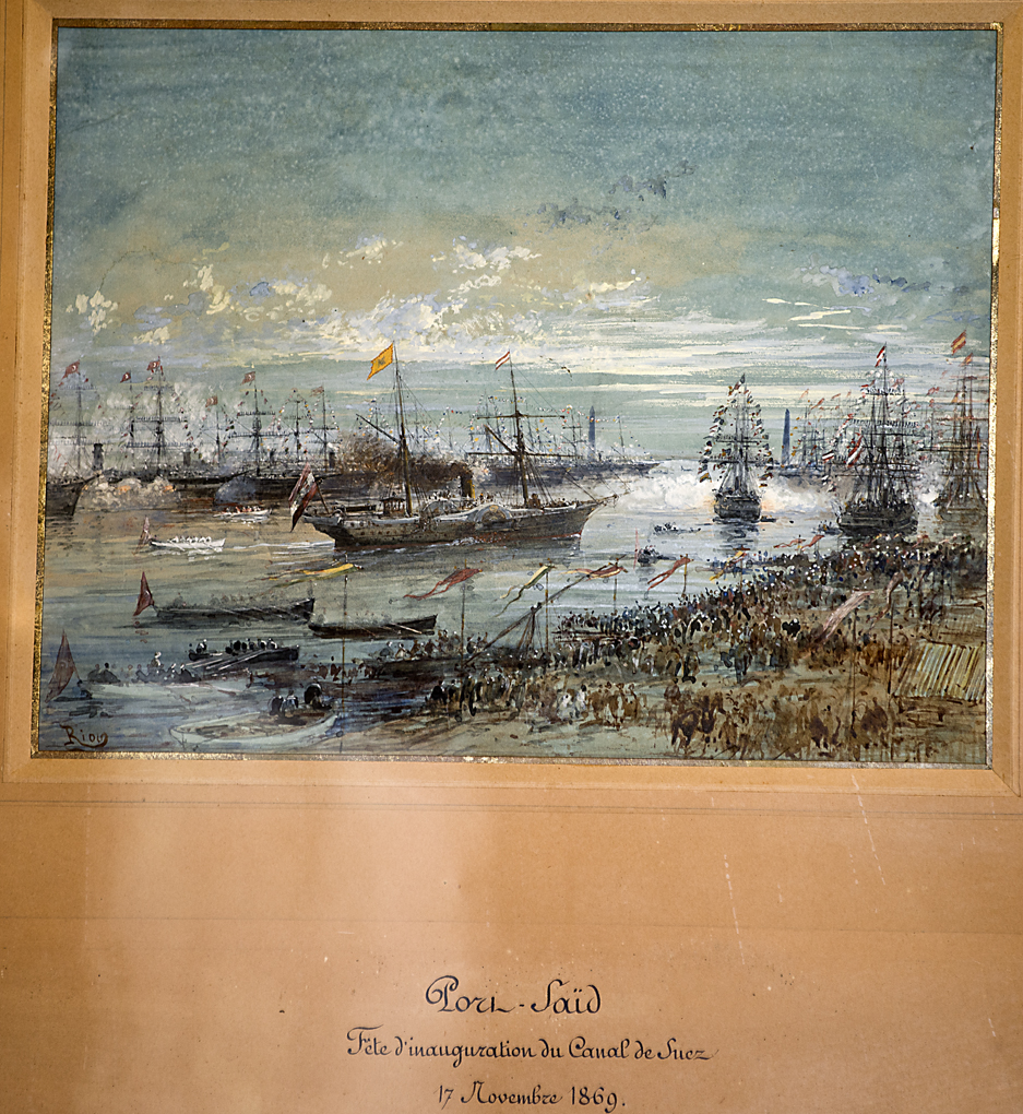 Una de las láminas de la inauguración del Canal de Suez por la emperatriz, enmarcadas en el Salón Chino de Las Dueñas. Una de las láminas de la inauguración del Canal de Suez por la emperatriz, enmarcadas en el Salón Chino de Las Dueñas.