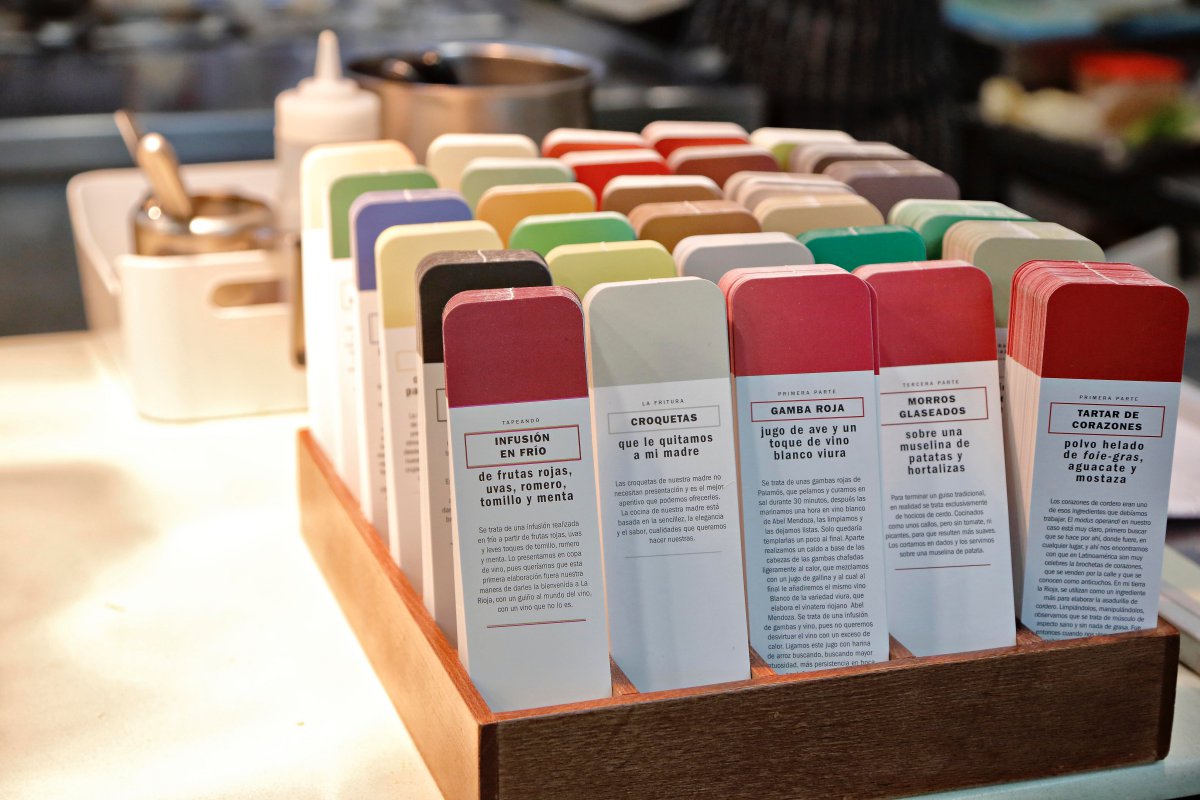 Restaurante 'El Portal de Echaurren'. Los tarjetones de colores con los que se presenta cada plato al comensal. Restaurante 'El Portal de Echaurren'. Los tarjetones de colores con los que se presenta cada plato al comensal.