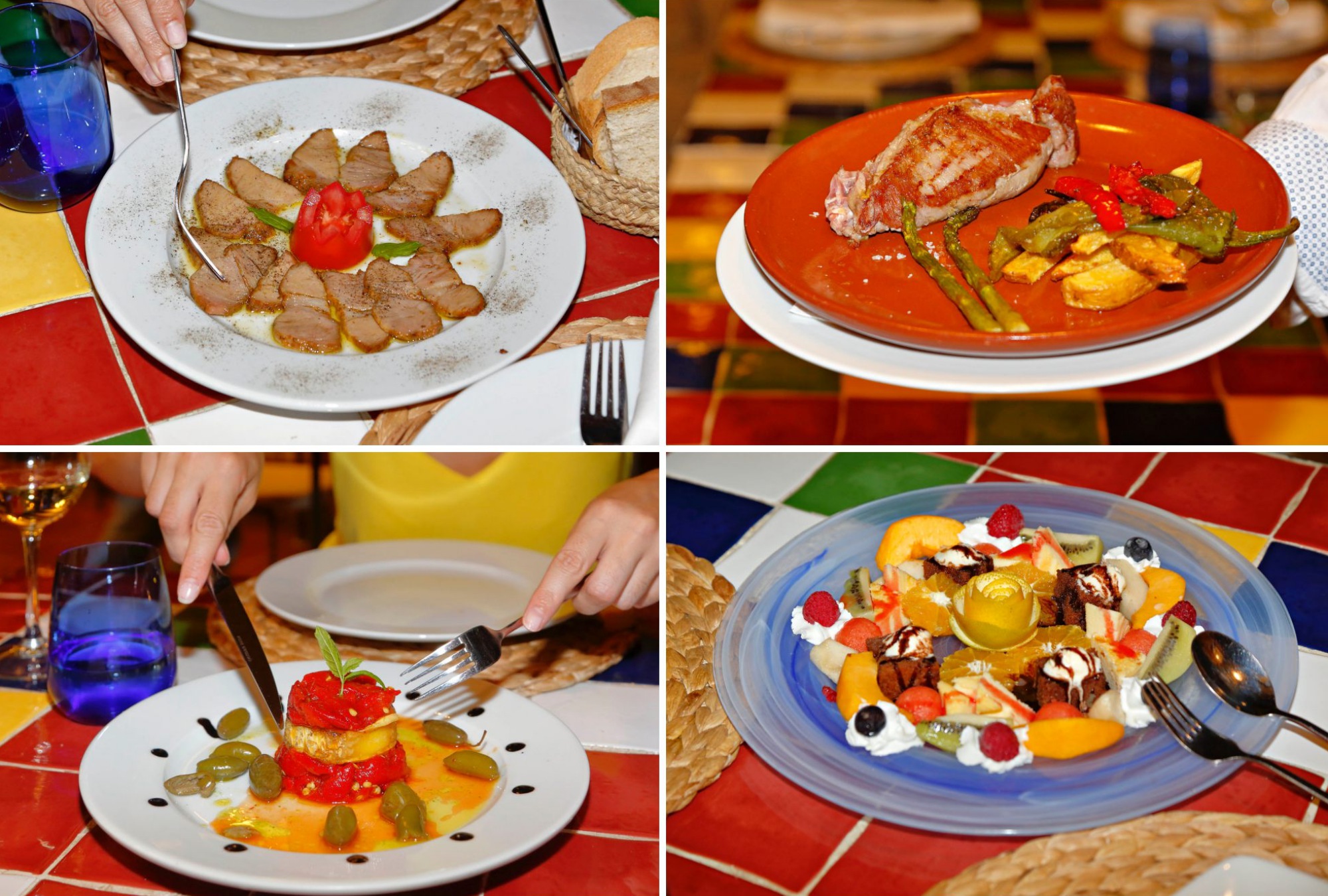 Lomo de orza, solomillo con verduras, timbal de pimientos rojos con queso de cabra y el postre: 'brownie' con tarta de queso y fruta de temporada. Lomo de orza, solomillo con verduras, timbal de pimientos rojos con queso de cabra y el postre: 'brownie' con tarta de queso y fruta de temporada.