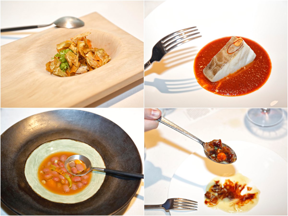 Restaurante 'El Portal de Echaurren'. Platos del menú 'Tierra': Parfait de higaditos de pollo, lomo de bacalao, alubias rojas y morros glaseados Restaurante 'El Portal de Echaurren'. Platos del menú 'Tierra': Parfait de higaditos de pollo, lomo de bacalao, alubias rojas y morros glaseados