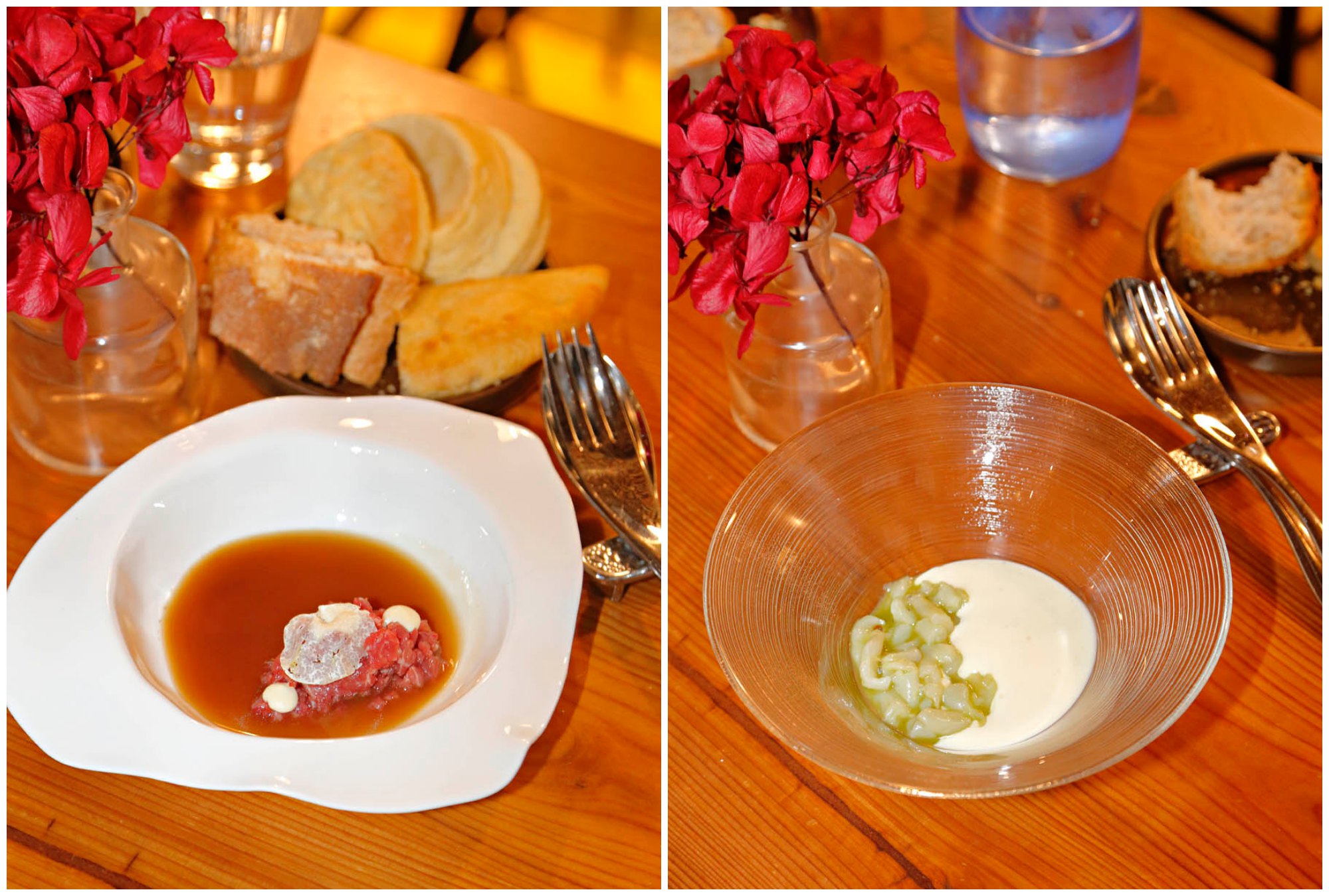 Tartar de presa ibérica de bellota y callos de tripa de bacalao sobre 'ajoatao'. Tartar de presa ibérica de bellota y callos de tripa de bacalao sobre 'ajoatao'.
