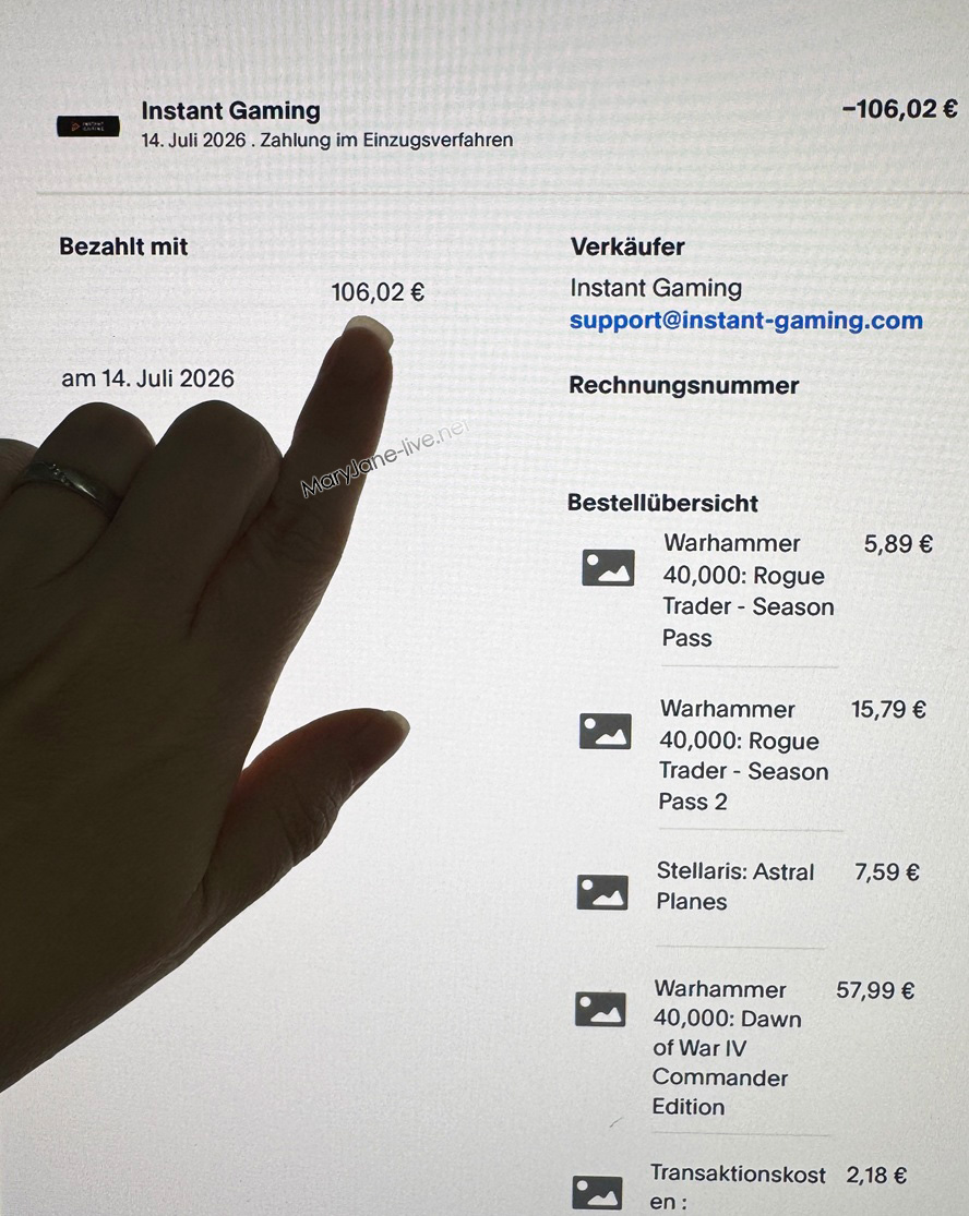 Rechnung für Computerspiele Warhammer 40k - Dawn of War IV und Rogue Trader Season Pass 1 & 2, Stellaris DLC