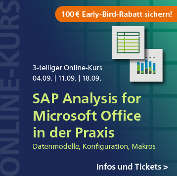 SAP Analysis for Microsoft Office in der Praxis – 3-teiliger Online-Kurs ab 4. September. Jetzt 100 Euro Early-Bird-Rabatt sichern!