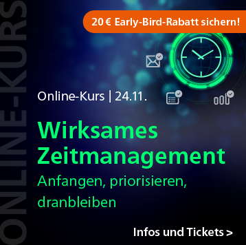 Wirksames Zeitmanagement: Online-Kurs am 24. November. Jetzt 20 Euro Early-Bird-Rabatt sichern!