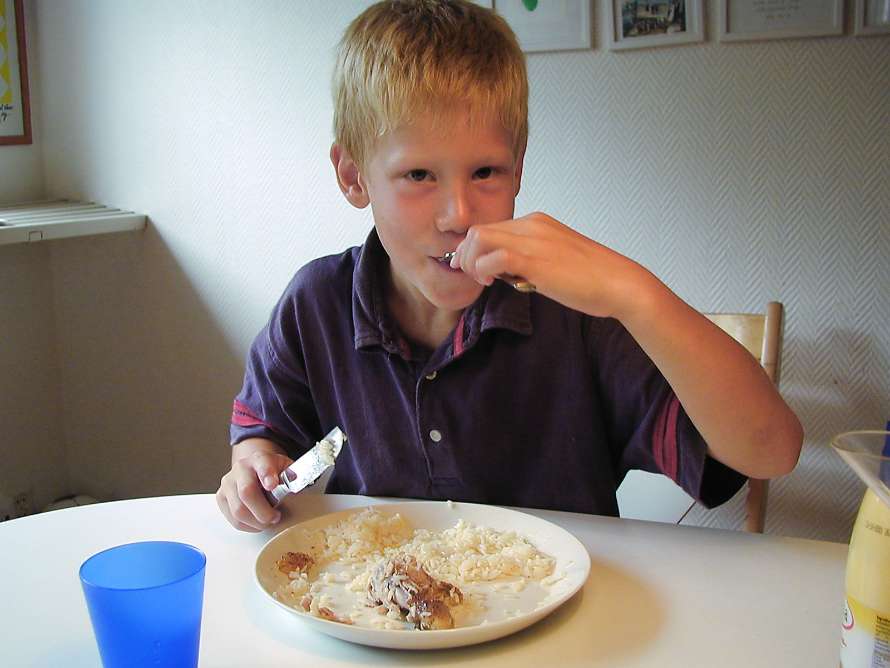 Barnet äter kyckling och ris.