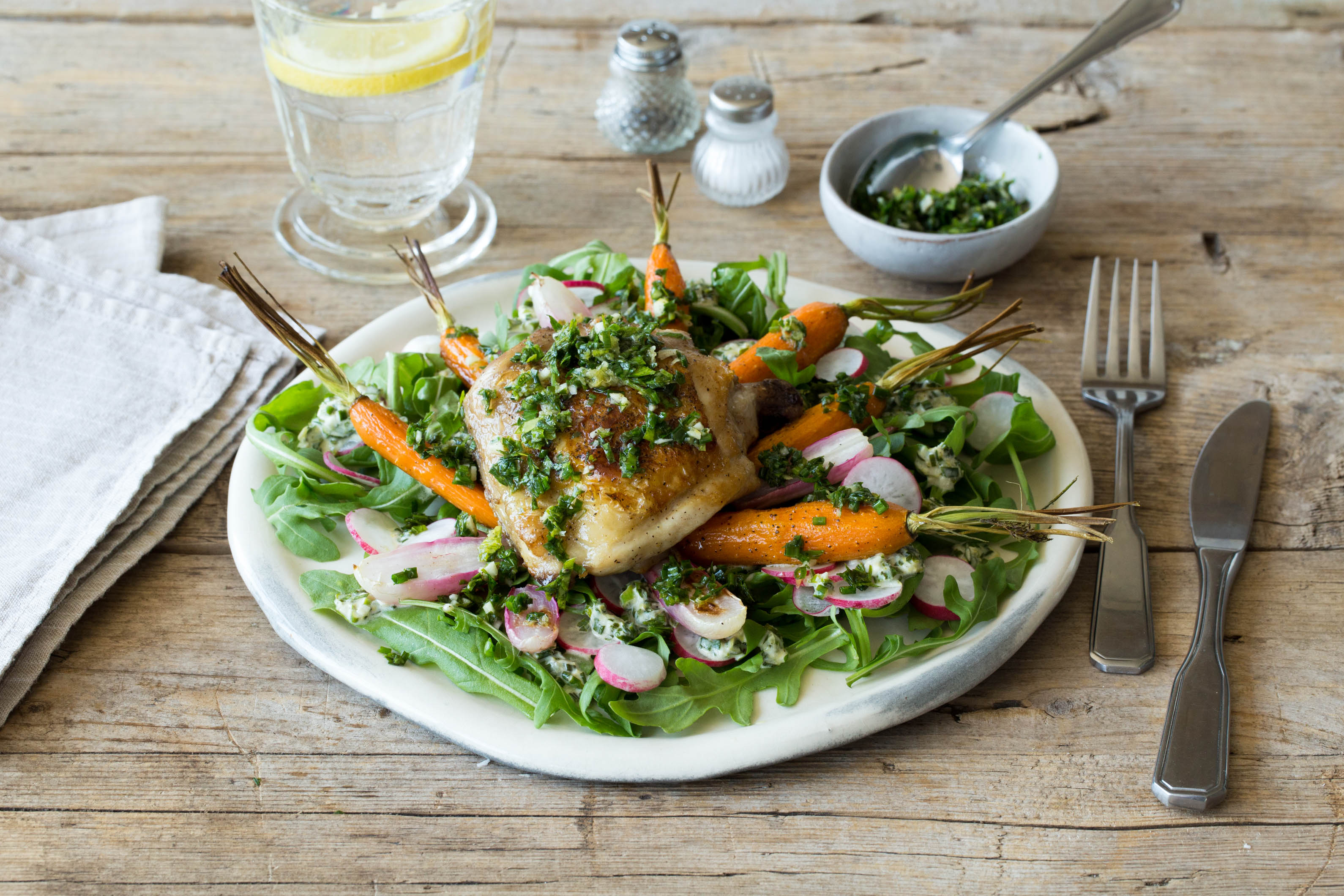 Crispy Chicken Thighs with Roasted Radishes, Carrots, and 