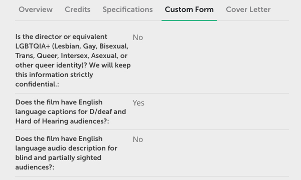 SQIFF's custom form on FilmFreeway